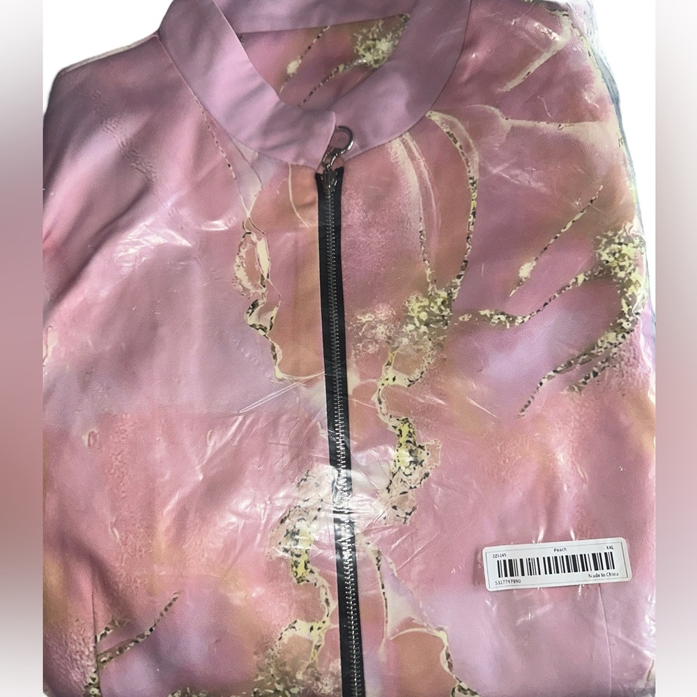 NWT WOMEN XXL Marble Print Blazer Jacket Long Sleeve Zip-Up PINK BEIGE CHIC